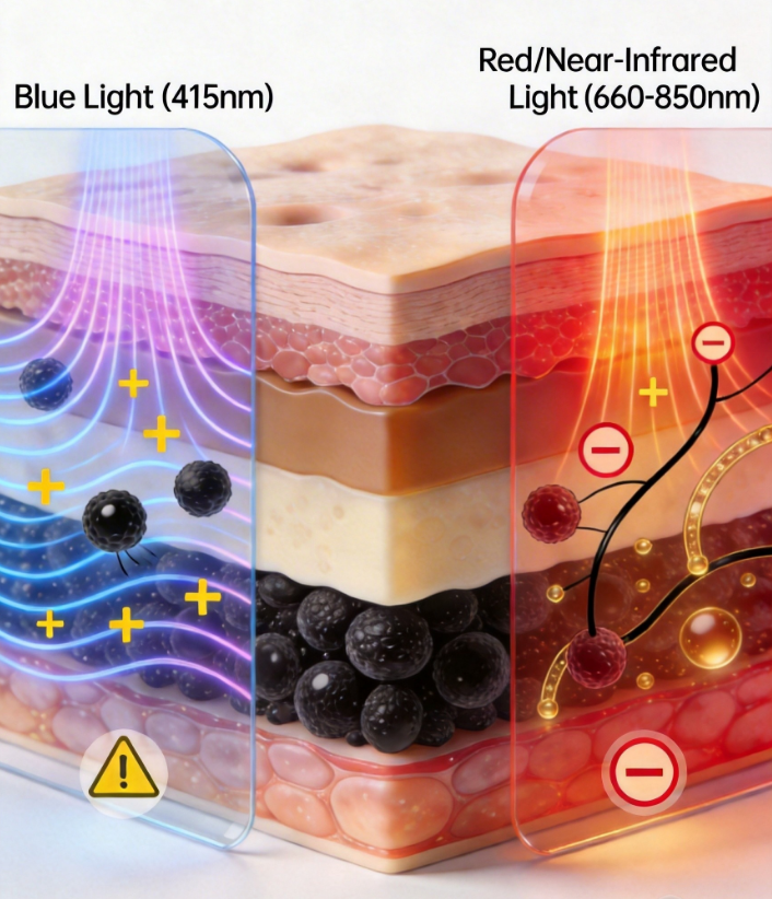 Red vs. Blue: Opposite Effects on Pigmentation